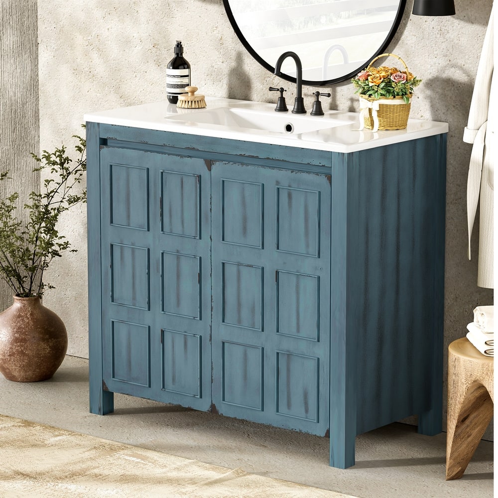 GDFStudio - Elysia Wood Bathroom Vanity with Ceramic Sink & Storage Cabinet Organizer