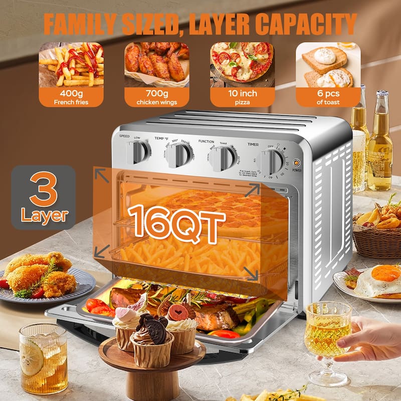 Anmytek 16 Quart Air Fryer Toaster Oven Stainless Steel 7 in 1 Convection Countertop Oven with Accessories Silver