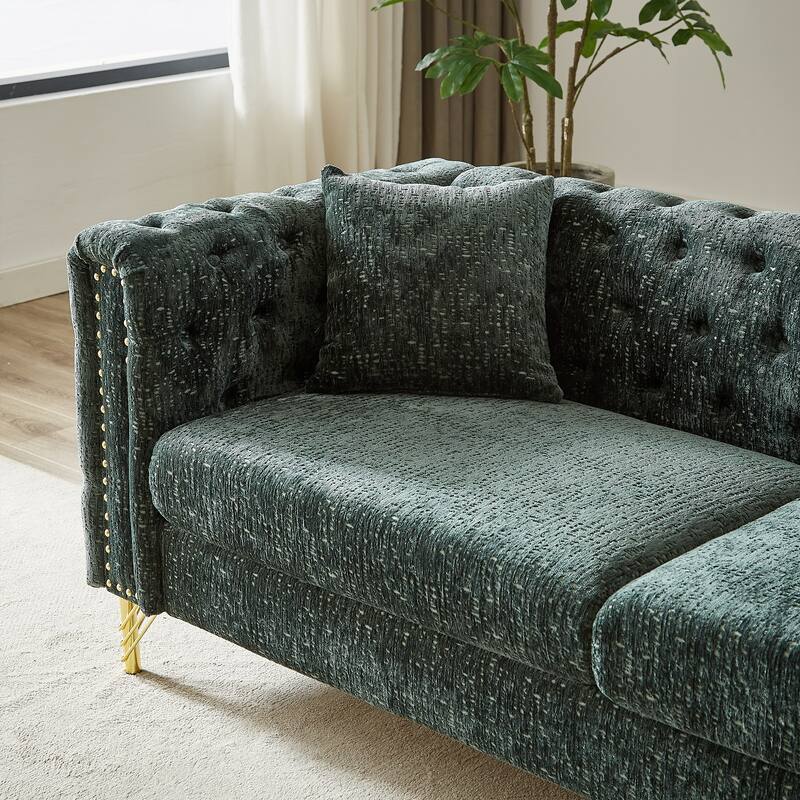Chesterfield 60-Inch Chenille Sofa with Nailhead Trim and Metal Legs, Classic Button-Tufted Couch