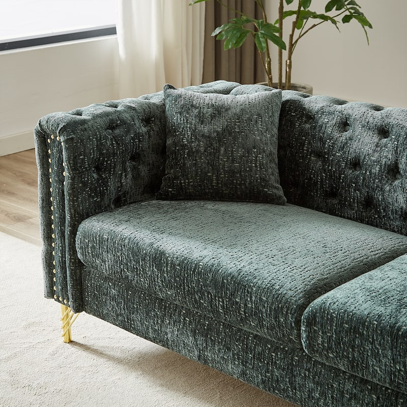 Modern 82-Inch Chenille Sofa, Button-Tufted with Copper Nail Decoration and Metal Legs