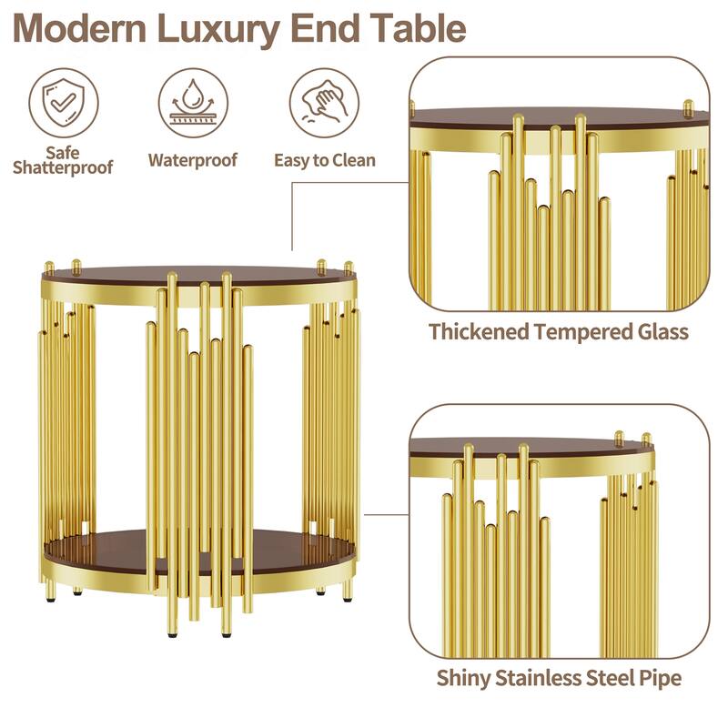 Modern Gold Round Coffee Table with Brown Glass Top & Stainless Steel Legs