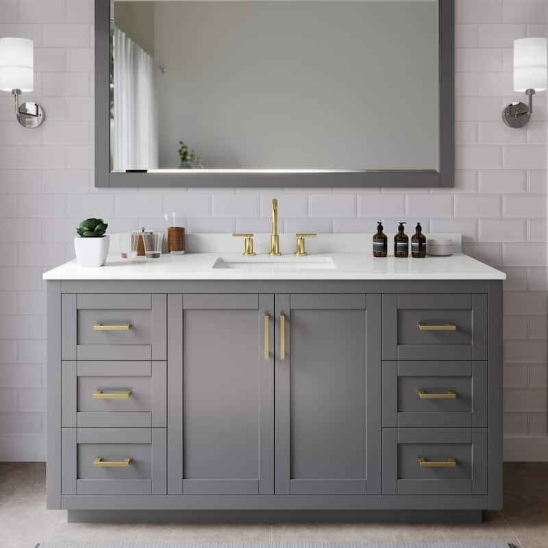 Wyndham Collection WCF292960S-QTZ-US3MXX Miranda 60" Free Standing - Dark Gray / White Quartz Top / Brushed Gold