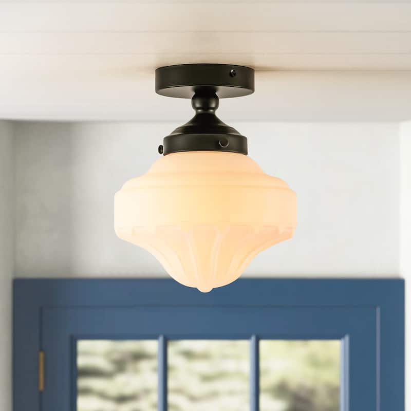 8.7 in. 1-Light Retro Black/Antique Gold Ice-Cream Shaped Semi-Flush Mount Ceiling Light with Opal Textured Glass Shade