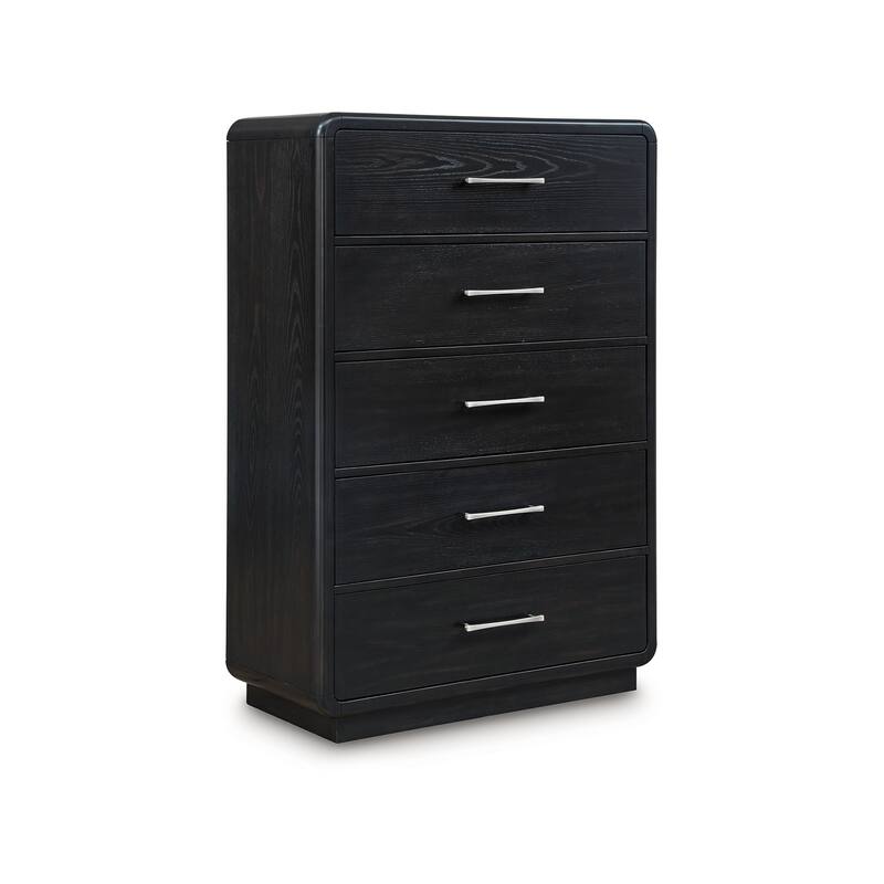 Robeck Tall Dresser Chest, 5 Drawer, Black 57 Inch, Silver Metal Handles