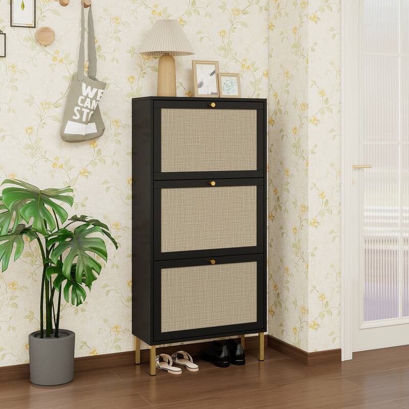 Shoe Storage Cabinet with 3 Flip Drawers, Freestanding 3-Tier Shoe Rack, Slim Shoe Organizer with Half Round Woven Rattan Doors