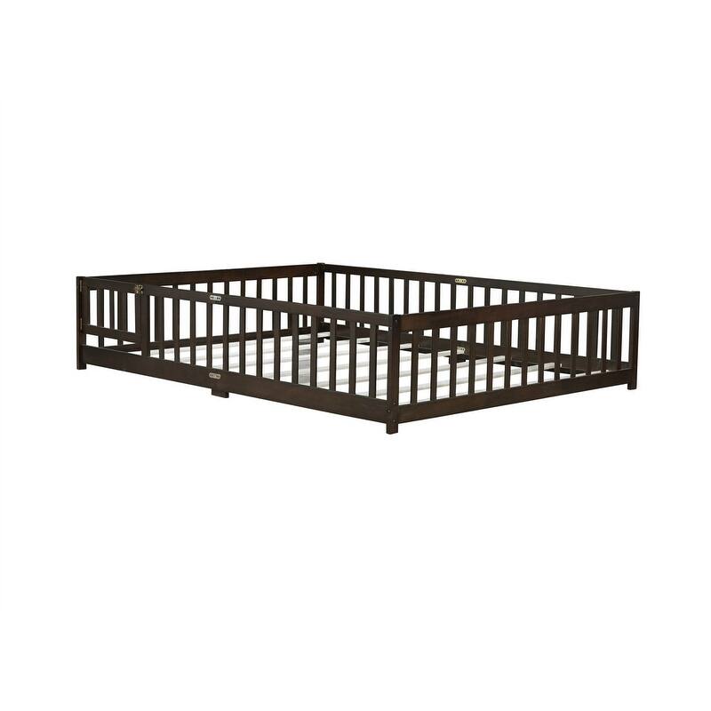 Twin/Full/Queen Size Floor Bed with Fence Guardrails and Door, Rubber Wood Toddler Bed Montessori Bed with Slats Support