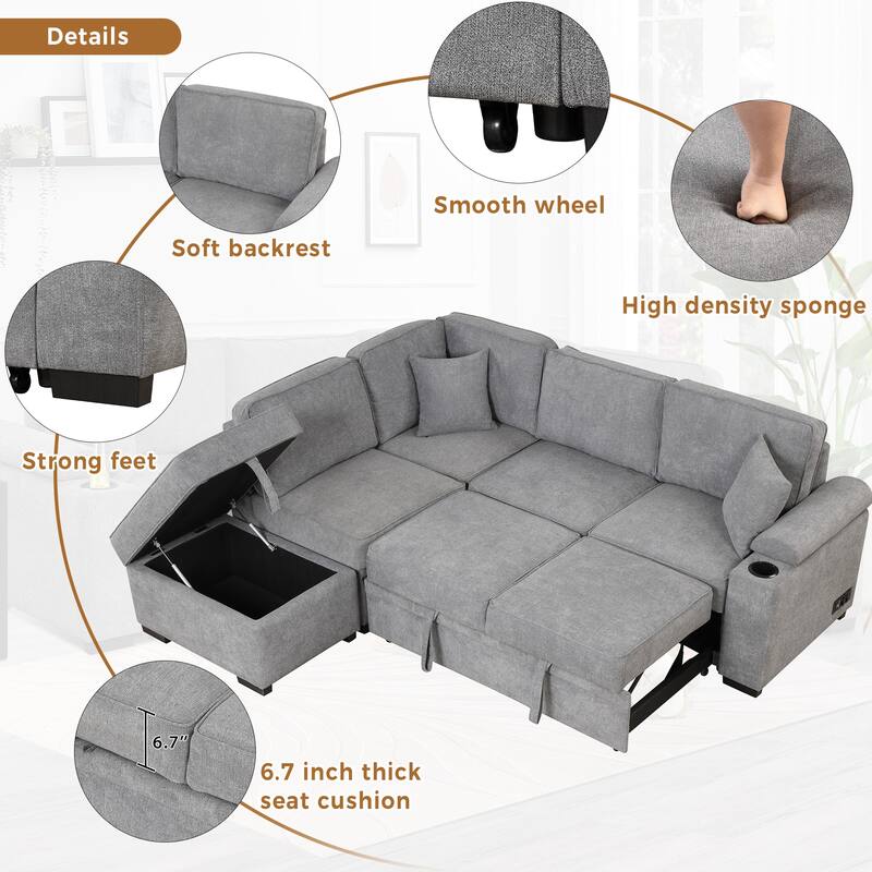 84.75" Linen Convertible L-Shaped Sleeper Sofa with Storage Ottoman
