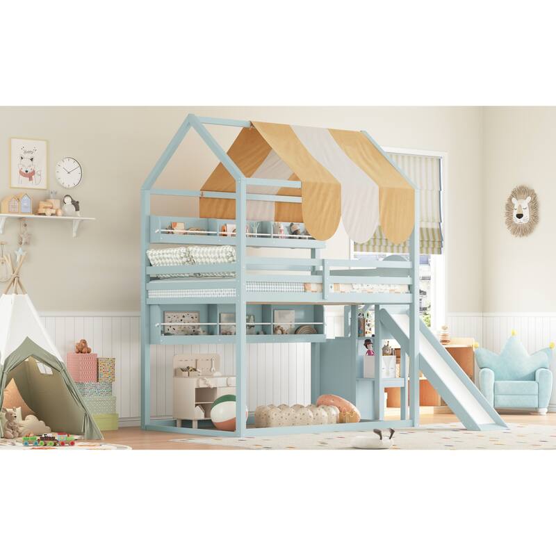 Roomfitters Full Size House Loft Bed with Canopy, Slide and Bookshelves