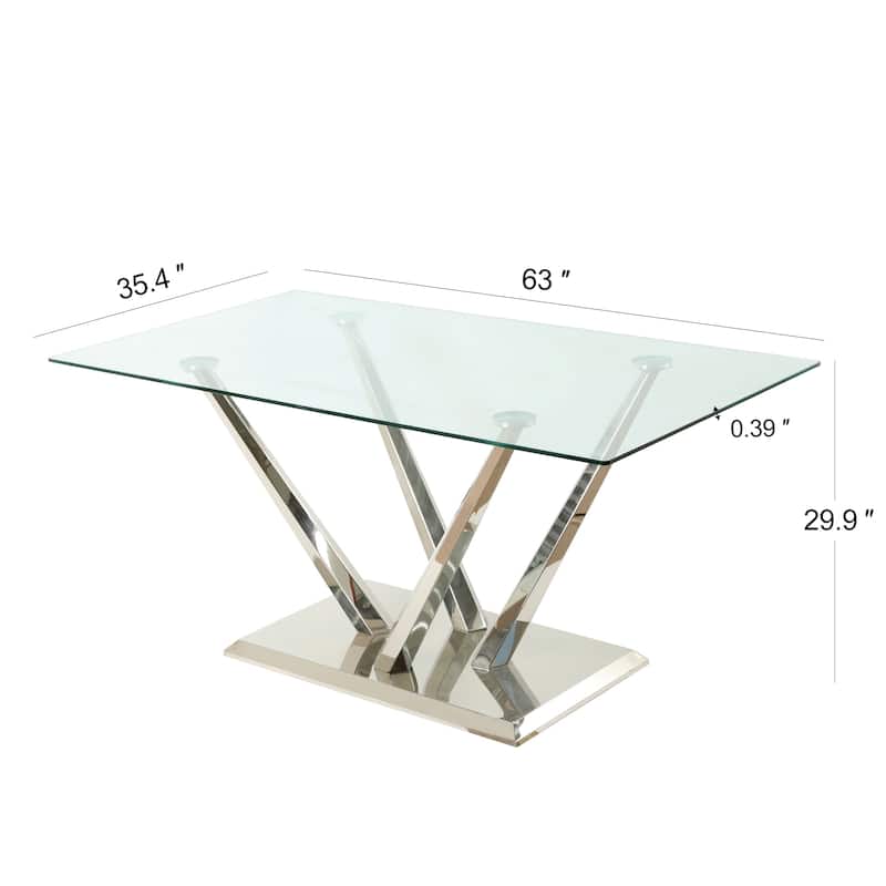 63" Glass Dining Table Set for 4, 5 Piece Dining Table and Chairs Set, Rectangular Table with 4 Faux Leather Chairs & Metal Legs