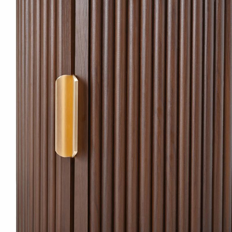 Mid-Century Coffee Table Set with Sliding Tambour Door - Round Fluted End Table with Storage