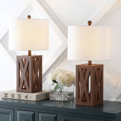 Ibiza 21.5" Farmhouse Wood LED Table Lamp, Brown (Set of 2), by JONATHAN Y