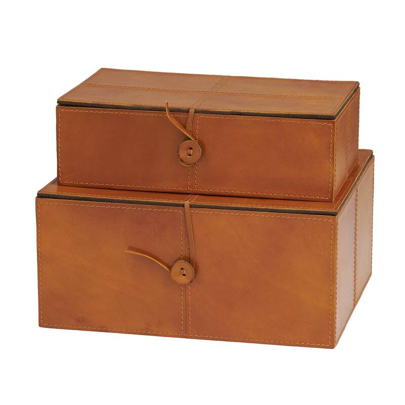 Leather Handmade Decorative Box with Hinged Lid - Set of 2 Gray, Brown, Dark Brown, Gold, Silver - Roche River Decor - Brown - 11", 10"W