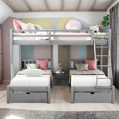 Artsy Multi-functional Full Over Twin & Twin Bunk Bed, Wood Triple Bunk Bed with Drawers and Guardrails, Maximized Space, Grey