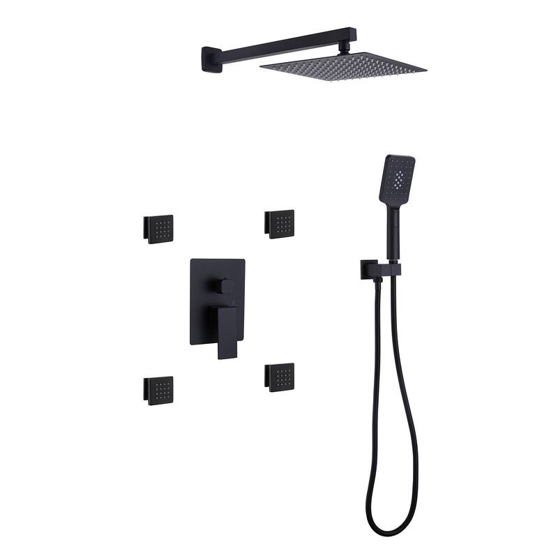 Wall Mount Shower Faucet with Body Jets Brass 3-Setting Spray Complete Shower System with Pressure Balance Valve - Matte Black
