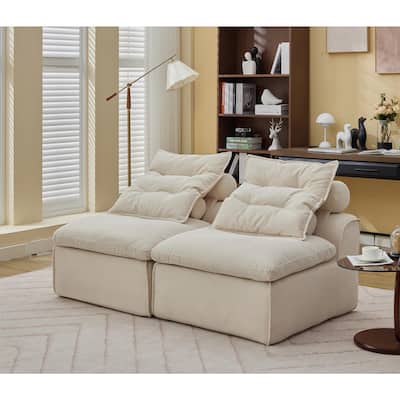 Modular 2-Seat Beige Upholstered Sofa with Neck & Lumbar Pillows, DIY Design
