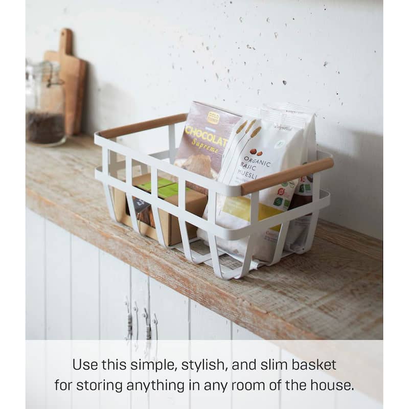 Yamazaki Home Storage Basket - Two Sizes, Steel and Wood - L 8.66 x W 13.98 x H 6.1 inches