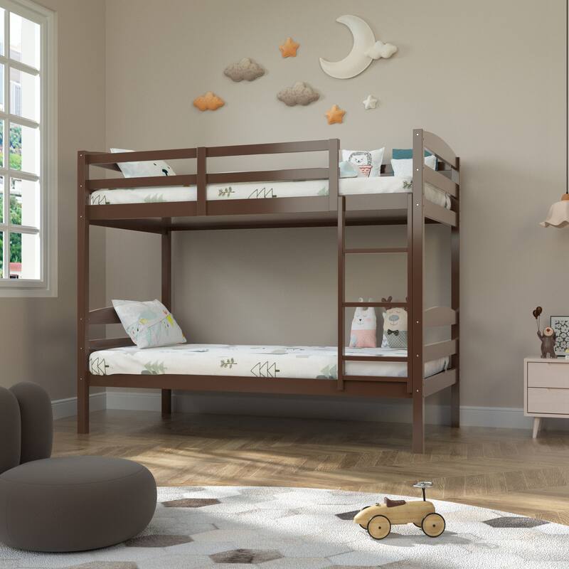 White/Espresso Wood Twin Over Twin Bunk Bed with Staircase