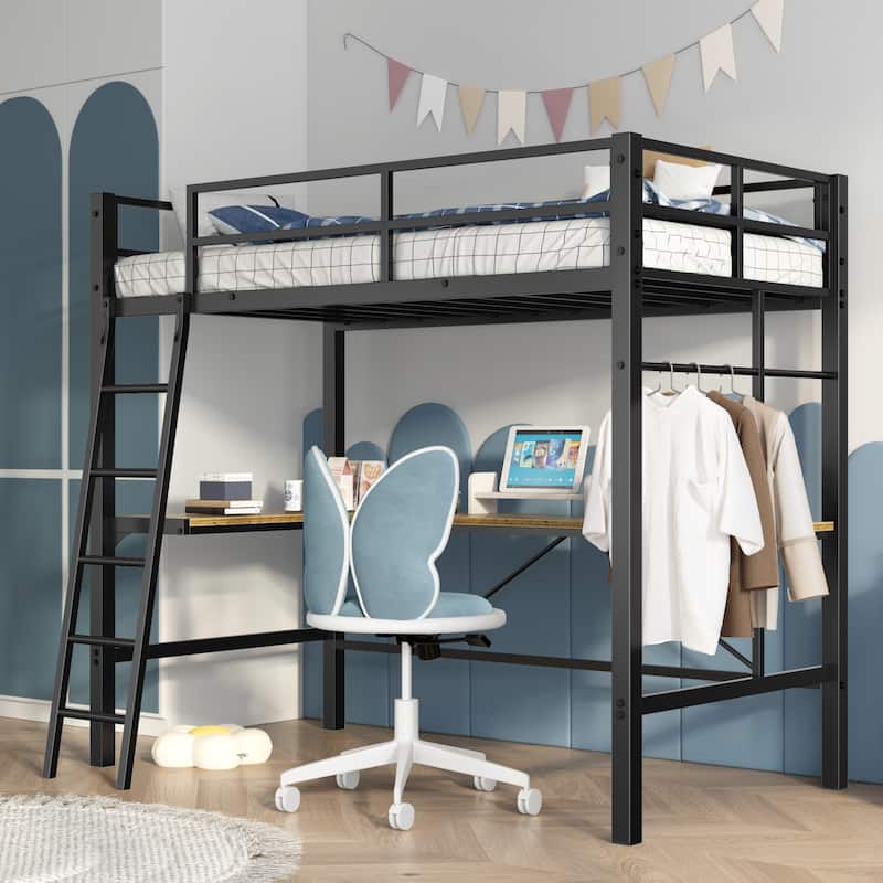 Twin Metal Loft Bed with L-Shaped Desk & Charging Station, Space-Saving Study & Sleep Solution - Antique Black