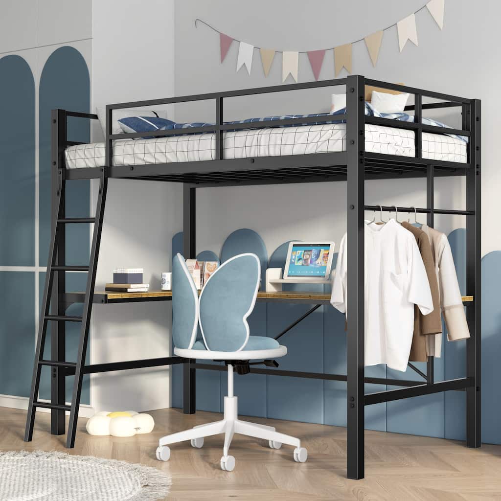 Twin Metal Loft Bed with L-Shaped Desk & Charging Station, Space-Saving Study & Sleep Solution