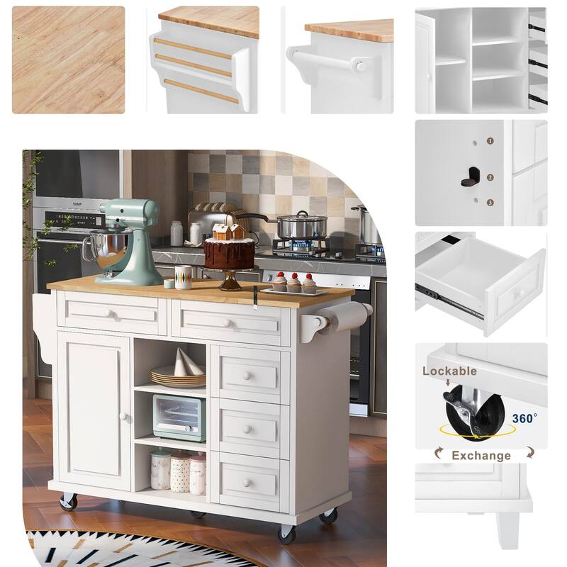 Rolling Kitchen Island Cart with Rubber Wood Top, 5 Drawers, Storage Cabinet & Adjustable Shelves - 53" Black