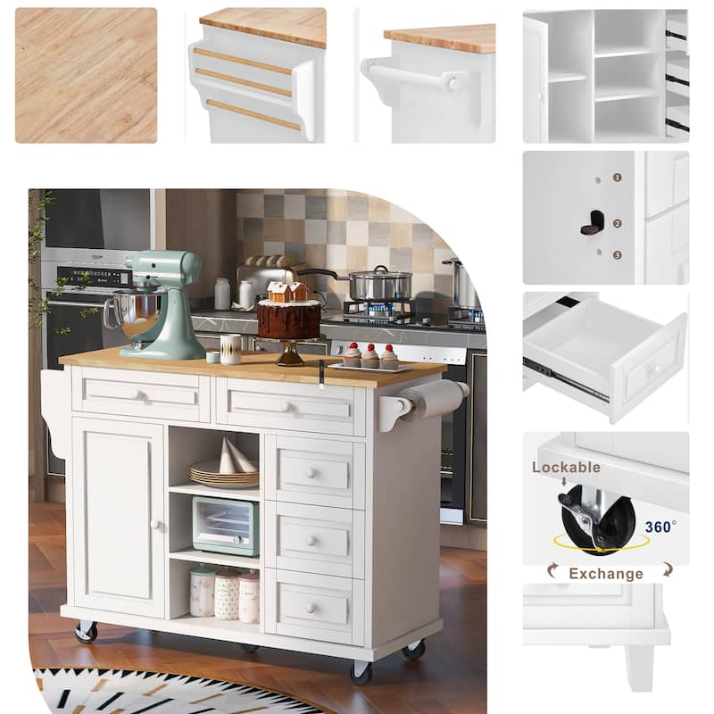 Roomfitters Kitchen Cart with Rubber wood Desktop - Rolling Mobile Kitchen Island with Storage and 5 Drawers, 53 Inch Length