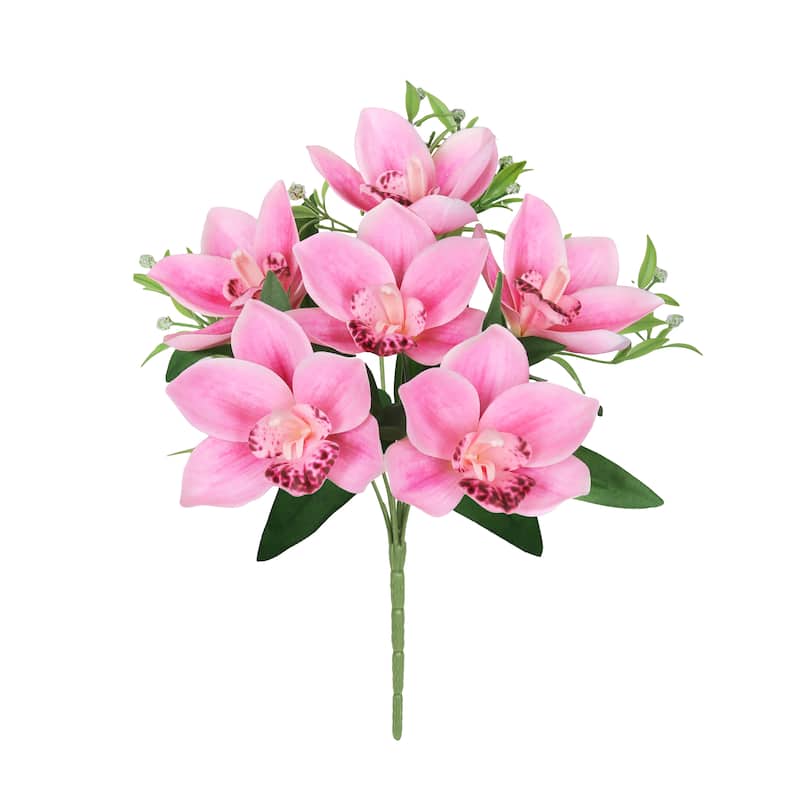 Set of 4 Fuchsia Pink Artificial Cymbidium Orchid Flower Stem Bush Bouquet 13in - 13" L x 8" W x 8" DP - Fuchsia Pink - 13" L x 8" W x 8" DP