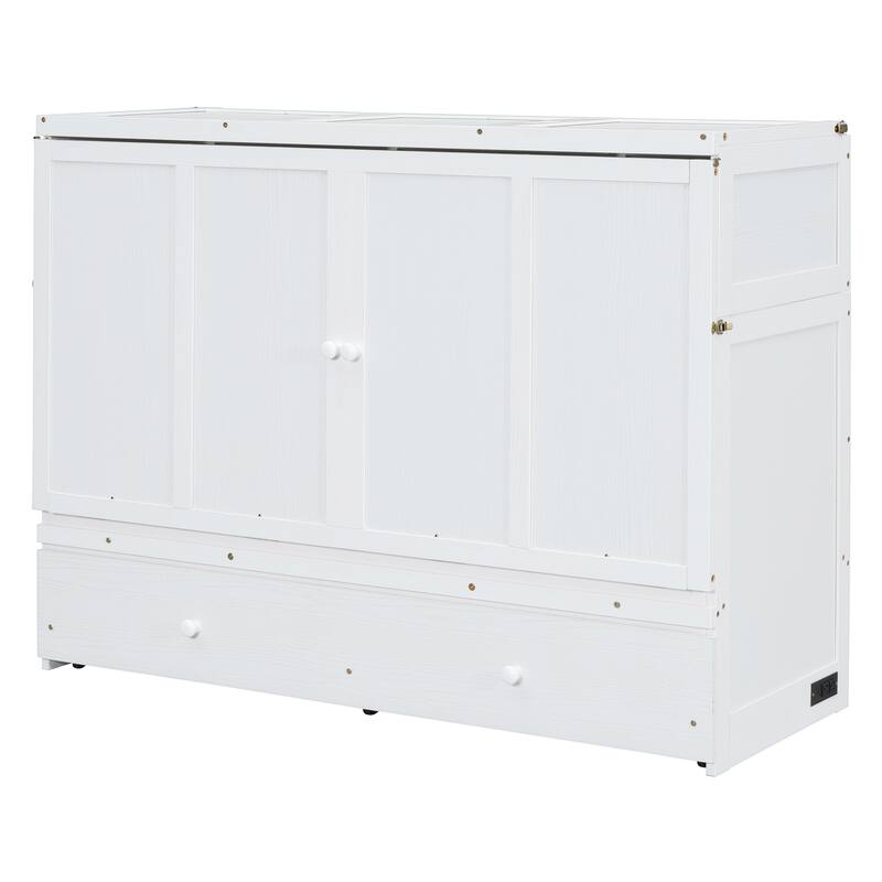 Queen Size 2-in-1 Murphy Bed Cabinet with Space Saving Design with Built in USB/Power Outlets, Large Storage Drawer