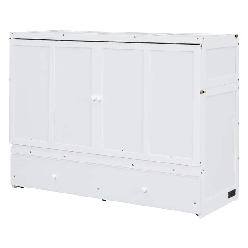 Queen Size Murphy Bed with USB Port, Large Drawer, and Space-Saving Design, White