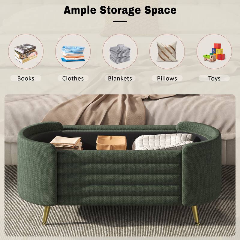 Roomfitters Modern Oval Storage Ottoman Bench, Upholstered Chenille Entryway Shoe Bench, Metal Legs