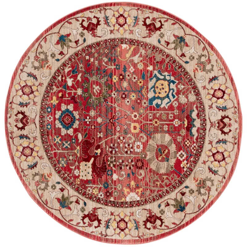 SAFAVIEH Kashan Laureen Oriental Rug with Fringe - 6'7" Round - Red/Beige