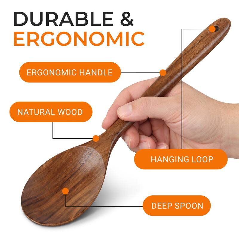Cheer Collection Teak Wood Mixing Spoon with Deep Bowl and Hanging Loop