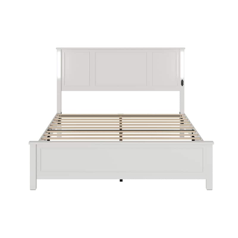 Queen Size Platform Bed with Wood Headboard,Charging Station and LED Lights