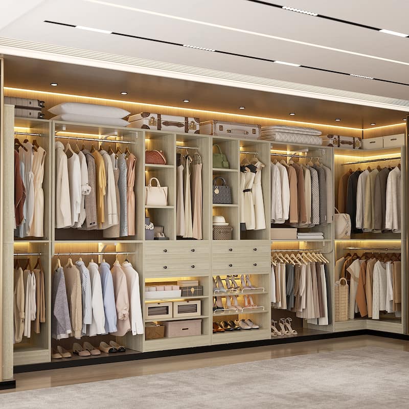 Set of 4 U-Shaped Closet Organizer System with Wood Drawers, Amoire Wardrobe with Shoe Racks - Washed Oak