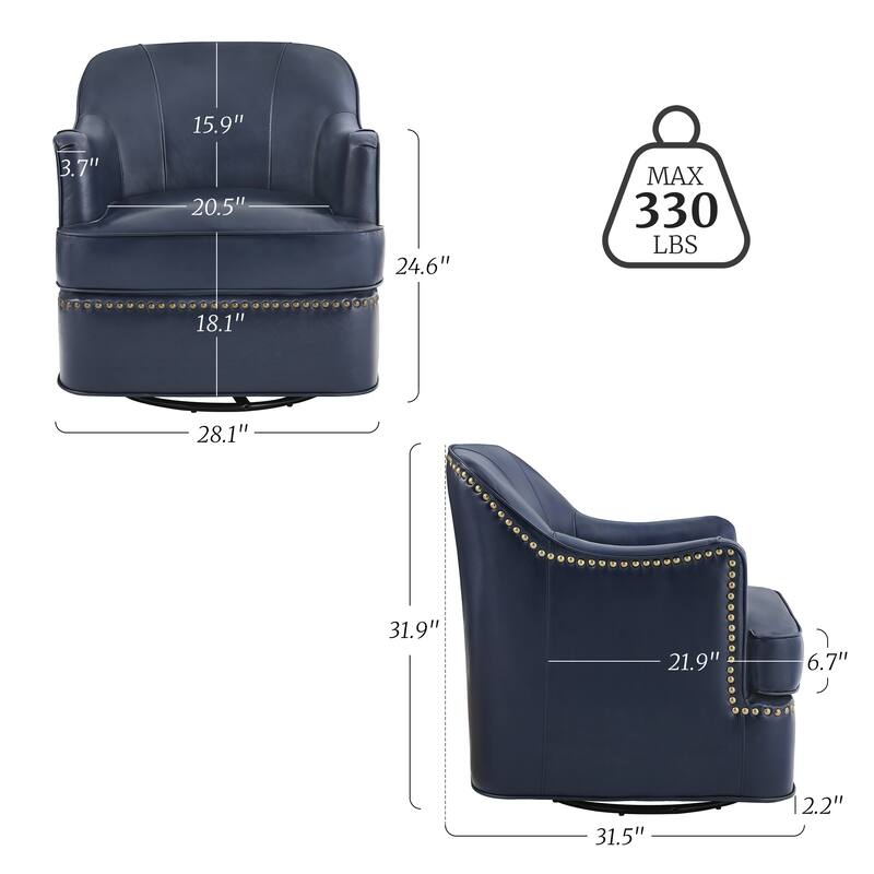 Genuine Leather Swivel Upholstered Accent Barrel Chair with Metal Base for Living Room