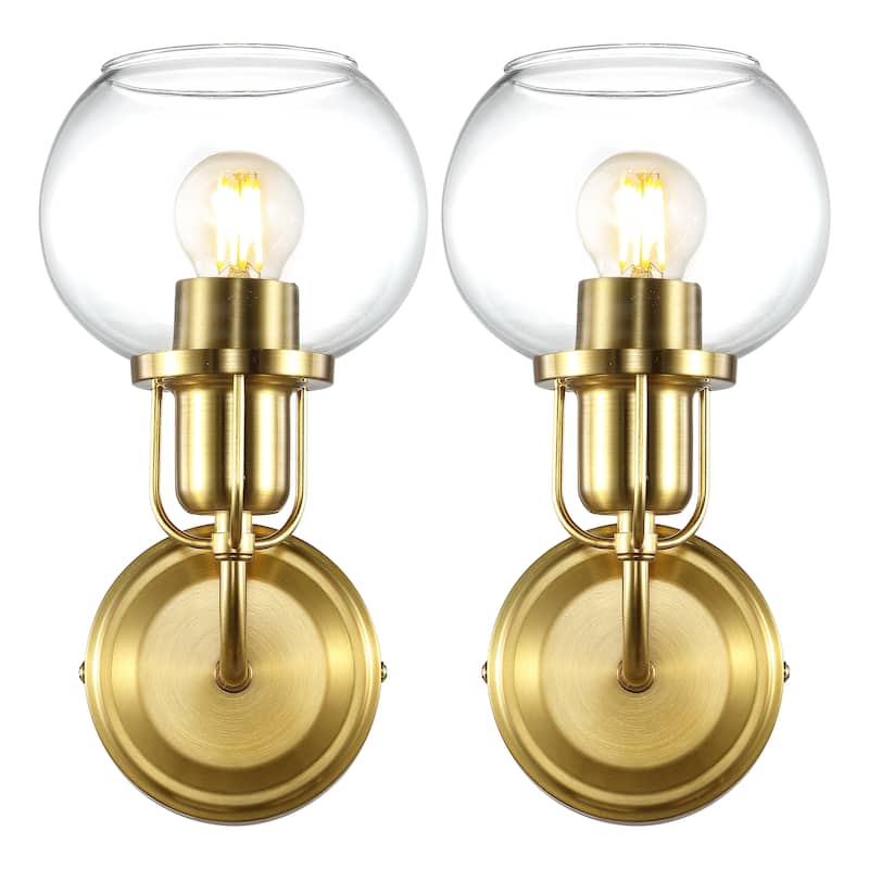 SAFAVIEH Lighting Huron Wall Sconce (Set of 2) - Satin Brass/Clear - 5"W x 6"D x 11"H