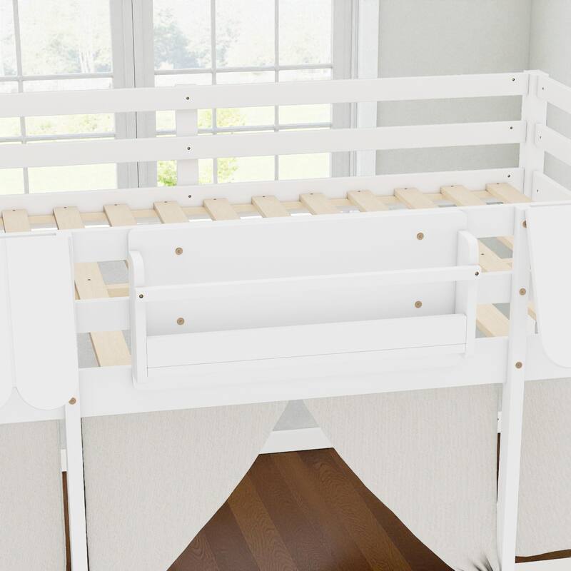 Twin/Full Loft Bed with Bookshelf, Curtain Playhouse, Storage Shelf, Cottage Roof Design and Safety Guardrails for Kids