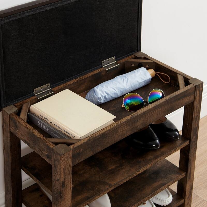 Height-Adjustable Shoe-Changing Bench With Comfortable Seat And Concealed Storage Space,Featuring Charcoal-Grained Wood