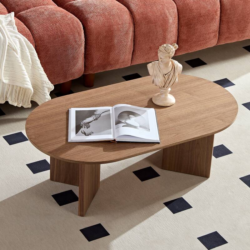 Minimalist Wooden Grain Coffee Table with Double Triangle Pedestal