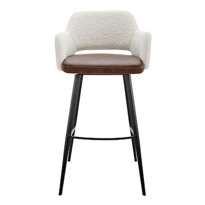 Desi Swivel Bar Stool in Ivory Fabric and Dark Brown Leatherette with Black Base - Set of 1