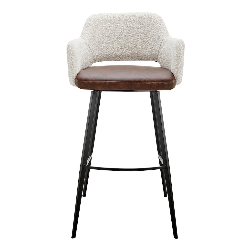 Desi Swivel Bar Stool in Ivory Fabric and Dark Brown Leatherette with Black Base - Set of 1