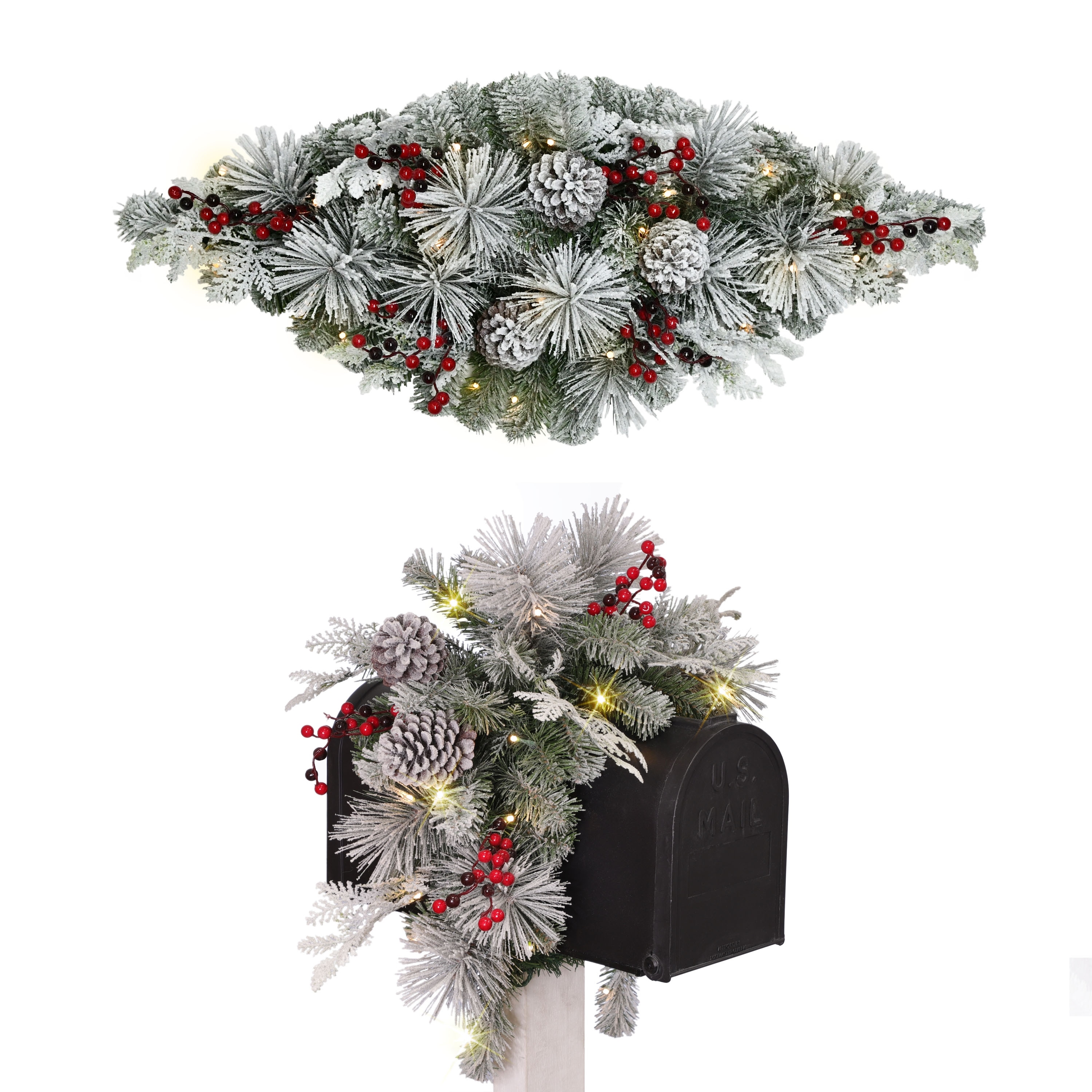 Puleo International 36 in. x 16 in. Pre-Lit Flocked Decorated Mailbox Cover