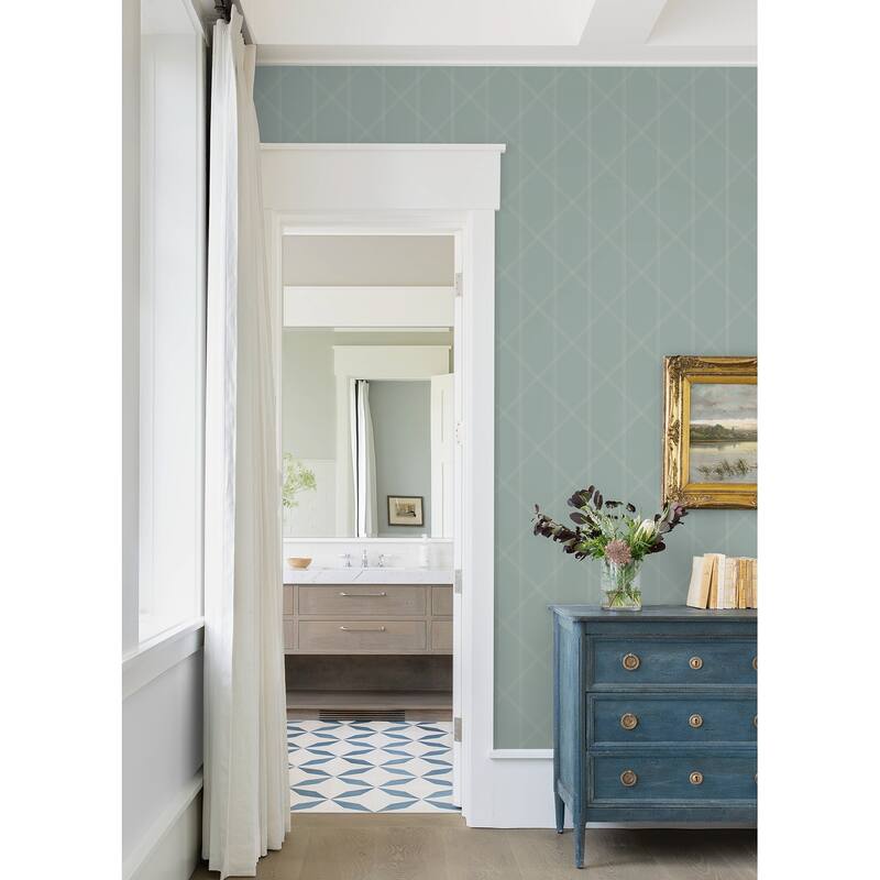 A-Street Prints Walcott Seafoam Stitched Trellis Wallpaper
