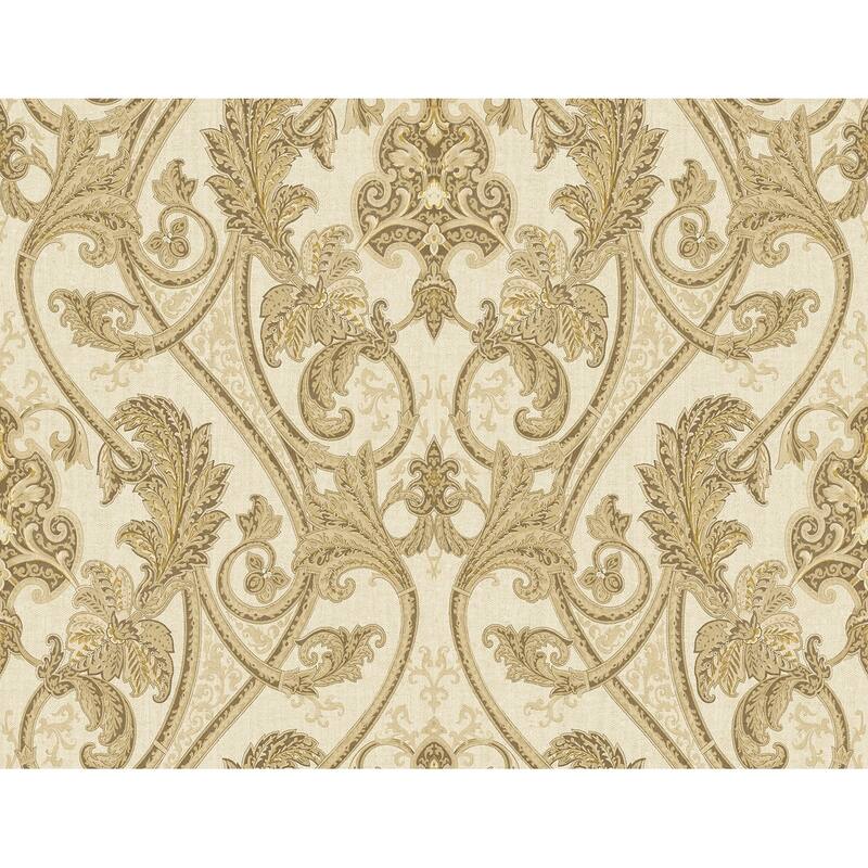 Seabrook Designs Longthorpe Damask Unpasted Wallpaper - 27 in. W x 27 ft. L - Metallic Beige & Khaki