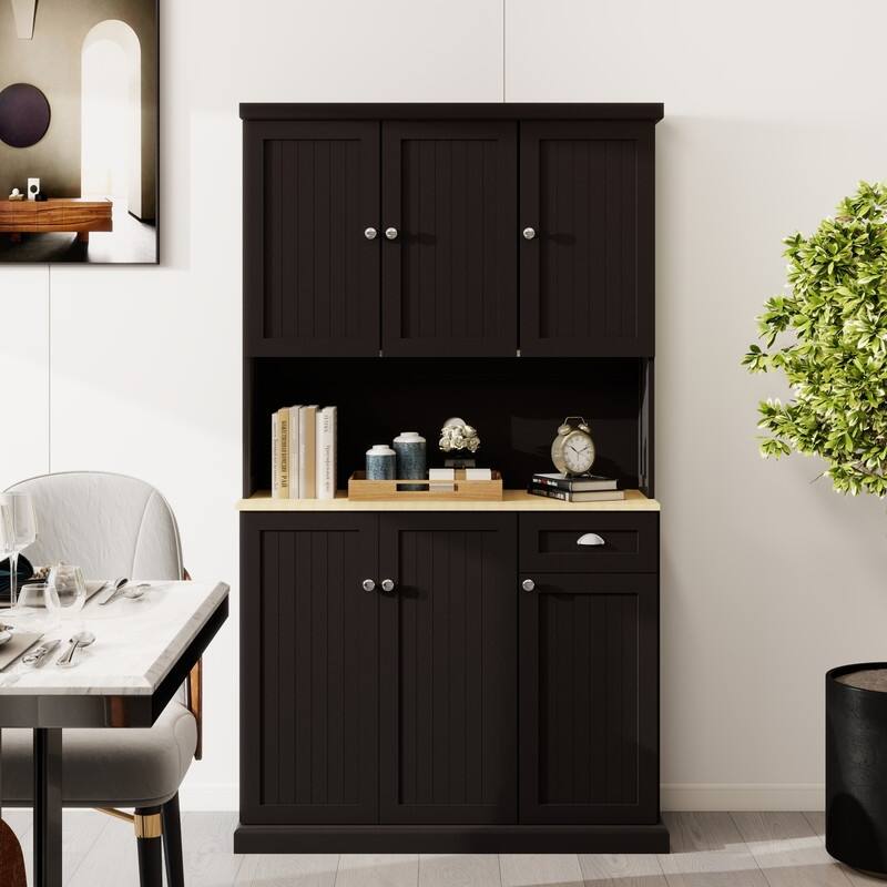 71" Modern Kitchen Pantry Cabinet with Microwave Countertop, Adjustable Shelves & Drawer