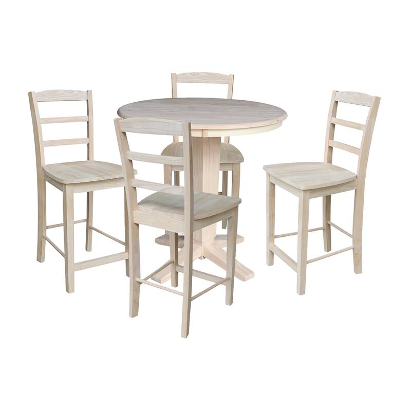 36 in Solid Wood Round Top Counter Height Dining Table with 4 Stools - Unfinished