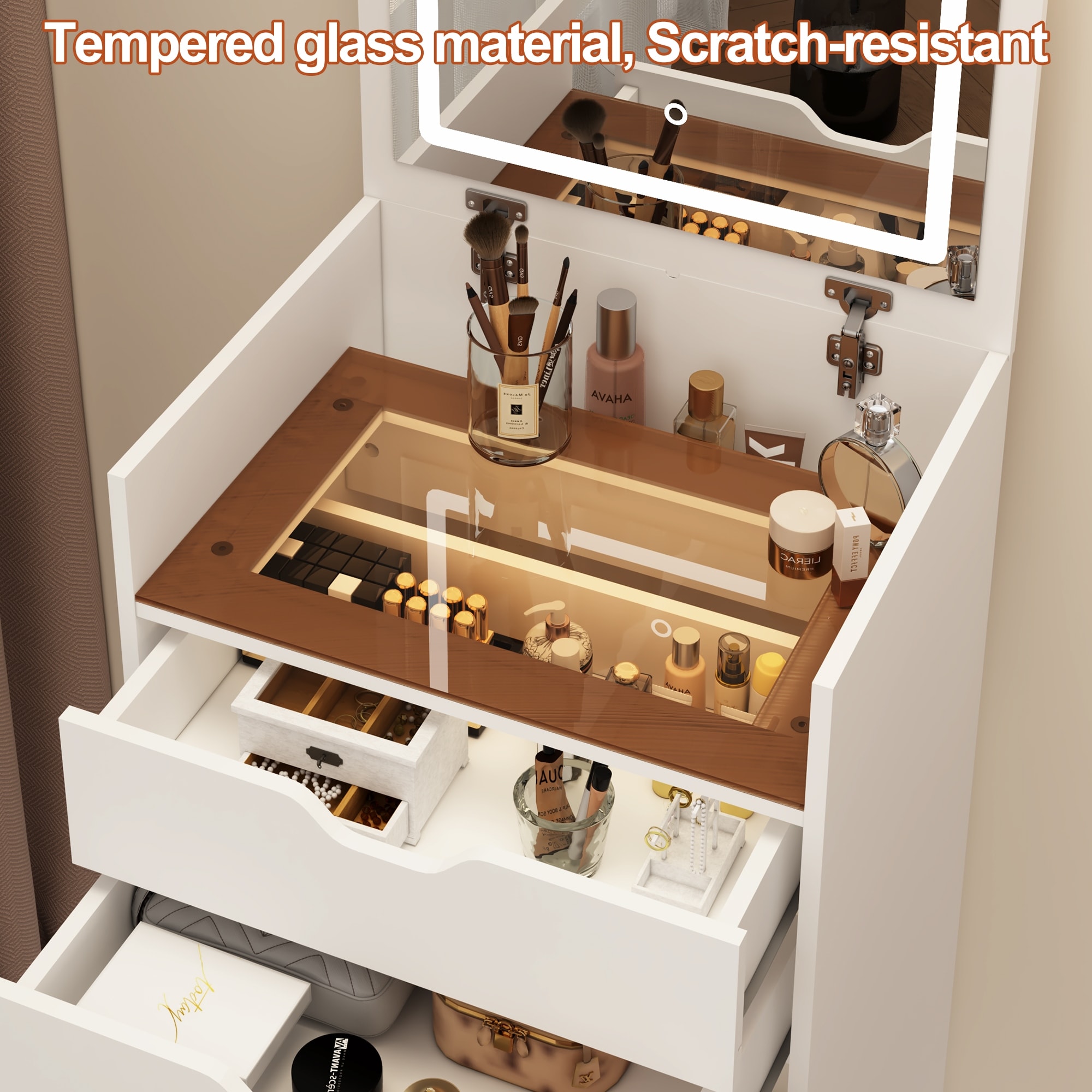 3 in 1 Vanity Desk with Flip Up Mirror and Lights, Makeup Table with Storage Stool and Drawers, Small Space Dressing Table