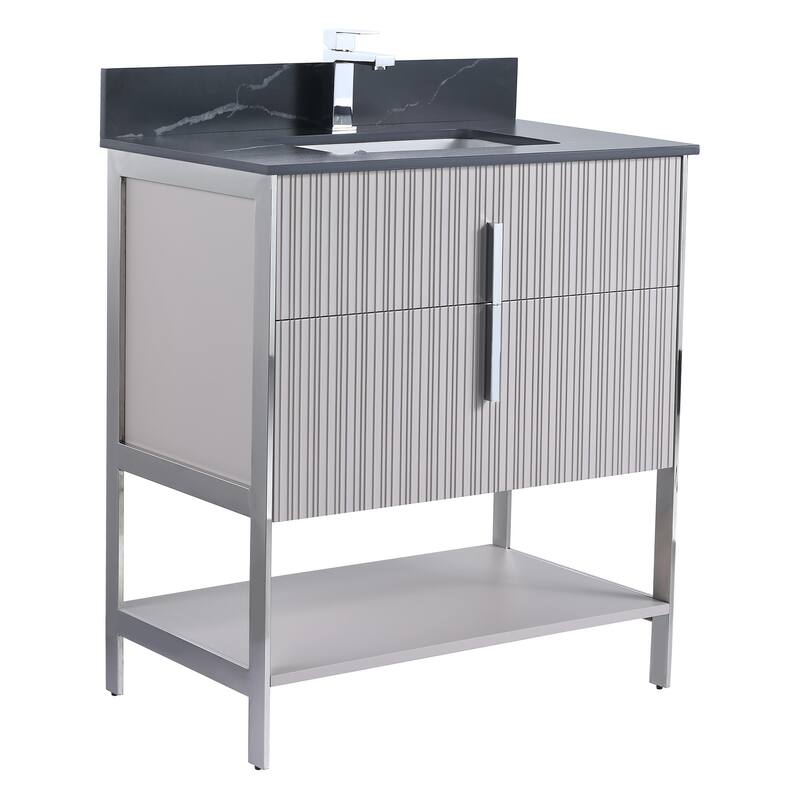 Fine Fixtures Serenity Modern Bathroom Vanity with Black Sintered Stone Top - Bright Taupe - Chrome Hardware - 30 inch