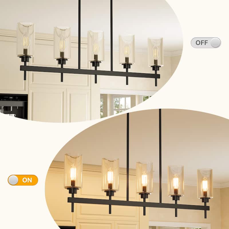 Black Metal 5-Light Linear Chandelier with Clear Glass Shades