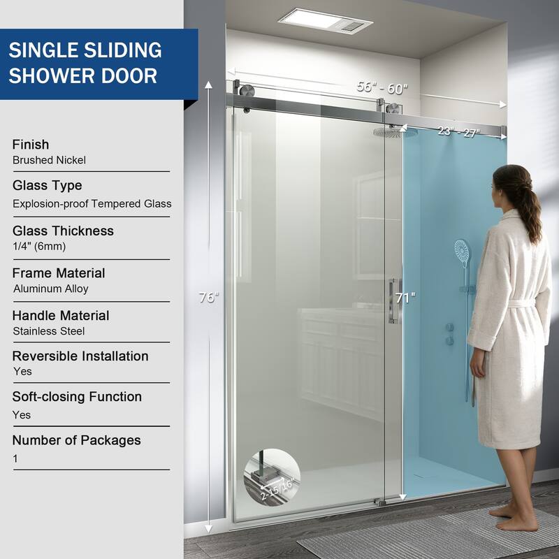 ABRUZZO 56-60" W x 76" H Frameless Soft-Closing Single Sliding Shower Door 1/4" (6mm) Explosion-Proof Tempered Glass