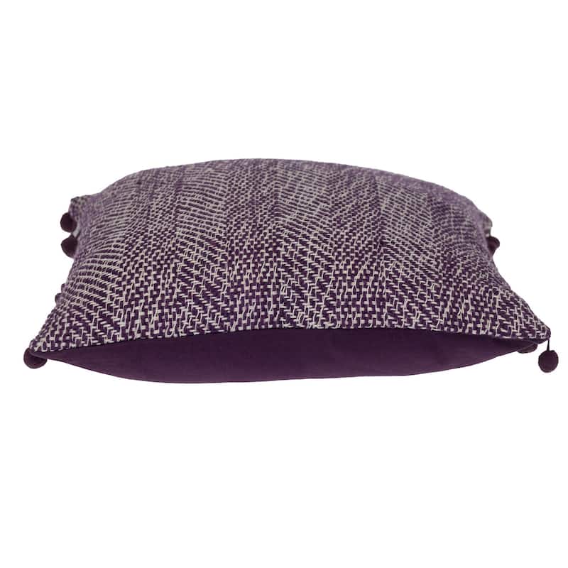 HomeRoots 18" Purple and White Weave Cotton Throw Pillow With Pom Poms